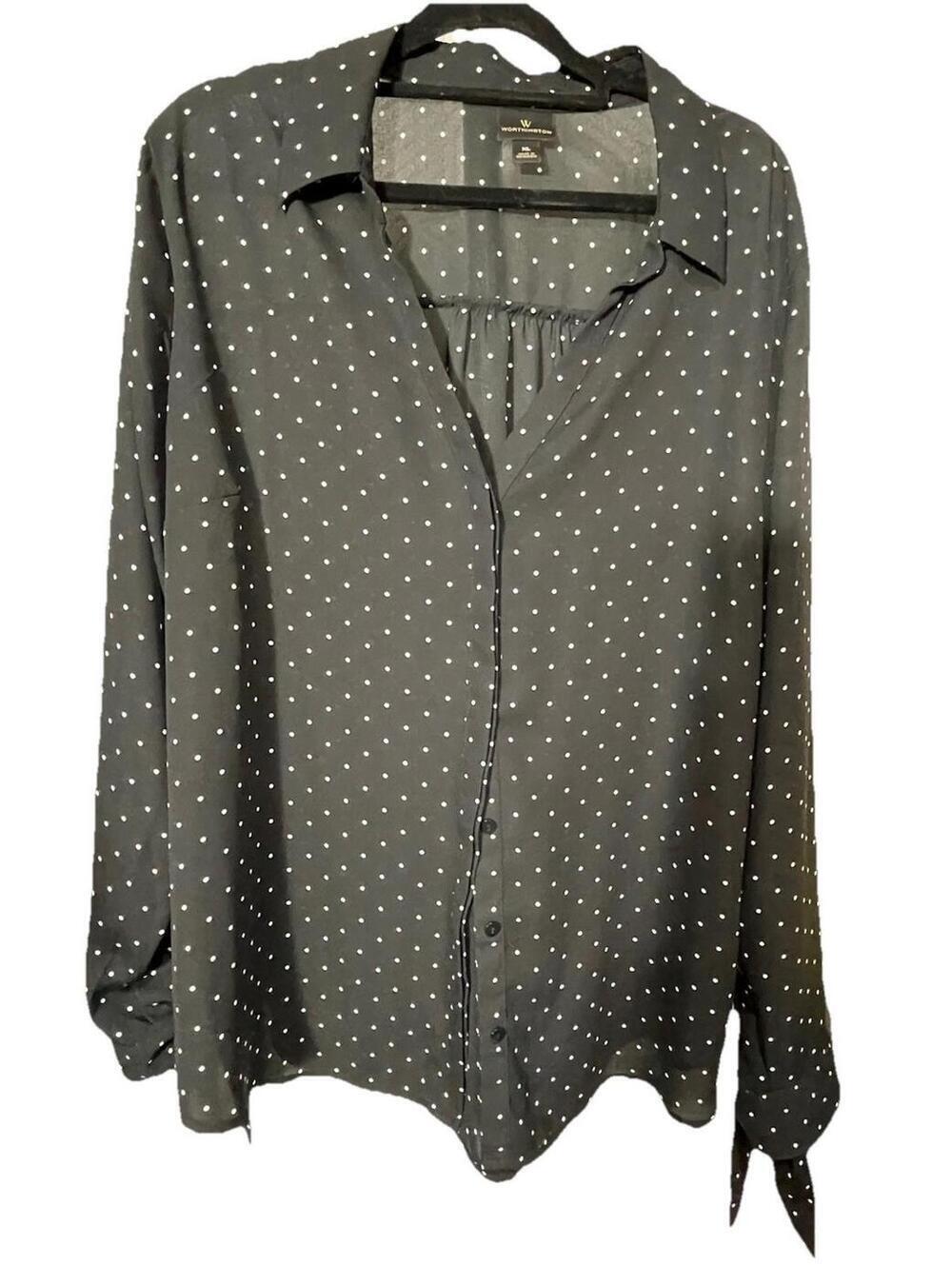 Worthington Women's XL Black White Polka Dot Blouse Long Sleeve Work Casual